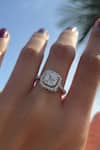 Buy_Prata_White Diamonds, Crystals Cushion Halo Solitaire Ring _at_Aza_Fashions