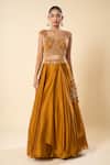 Samyukta Singhania_Gold Silk, Georgette, Taffeta Embroidery, Beads, Hand Blouse Lehenga Set _Online_at_Aza_Fashions