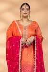 Buy_Mamicha_Orange Chiffon Embroidery, Sequins, Zari V-neck Ombre Kurta Set _Online_at_Aza_Fashions