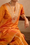 Buy_Nero India_Orange Silk Embroidery, Sequins, Gota Patti Split V-neck Dori Kurta With Pant _Online_at_Aza_Fashions