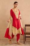 Buy_Nero India_Red Silk Embroidery, Zari Split V-neck Dori Yoke Scallop Kurta And Pant Set _at_Aza_Fashions