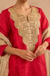 Shop_Nero India_Red Silk Embroidery, Zari Split V-neck Dori Yoke Scallop Kurta And Pant Set _Online_at_Aza_Fashions