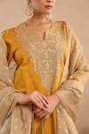 Nero India_Yellow Silk Embroidery, Zari Split V-neck Dori Yoke Kurta And Narrow Pant Set _Online_at_Aza_Fashions