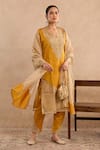 Buy_Nero India_Yellow Silk Embroidery, Zari Split V-neck Dori Yoke Kurta And Narrow Pant Set _at_Aza_Fashions