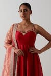 Vinusto_Red Chanderi, Tissue Embroidery, Lace Sweetheart Neck Zardozi Anarkali Set _Online_at_Aza_Fashions