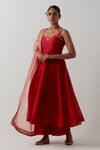 Buy_Vinusto_Red Chanderi, Tissue Embroidery, Lace Sweetheart Neck Zardozi Anarkali Set _at_Aza_Fashions