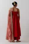 Shop_Vinusto_Red Chanderi, Tissue Embroidery, Lace Sweetheart Neck Zardozi Anarkali Set _at_Aza_Fashions