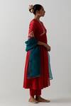 Vinusto_Red Chanderi Embroidery V-neck Anarkali, Pant And Dupatta Set _Online_at_Aza_Fashions