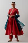 Buy_Vinusto_Red Chanderi Embroidery V-neck Anarkali, Pant And Dupatta Set _at_Aza_Fashions