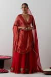 Buy_Vinusto_Red Chanderi Embroidery, Sequins, Zari, Lace, Lotus Motif Lehenga Blouse Set _at_Aza_Fashions