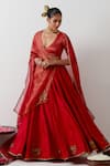 Vinusto_Red Chanderi Embroidery, Sequins, Zari, Lace, Lotus Motif Lehenga Blouse Set _at_Aza_Fashions