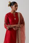 Shop_Vinusto_Red Chanderi, Cotton, Tissue Embroidery, Lace, Zari Kurta, Salwar And Dupatta Set _Online_at_Aza_Fashions