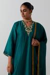 Vinusto_Green Chanderi Embroidery, Lace, Zari V-neck Kurta, Palazzo And Dupatta Set _Online_at_Aza_Fashions