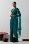 Shop_Vinusto_Emerald Green Silk Embroidery, Zari, Metallic Thread V-neck Blouse With Saree _Online_at_Aza_Fashions