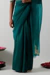 Vinusto_Emerald Green Silk Embroidery, Zari, Metallic Thread V-neck Blouse With Saree _at_Aza_Fashions
