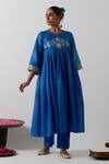 Buy_Vinusto_Cobalt Chanderi Embroidery, Zari Round Neck Anarkali And Pant Set _at_Aza_Fashions
