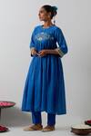 Vinusto_Cobalt Chanderi Embroidery, Zari Round Neck Anarkali And Pant Set _at_Aza_Fashions