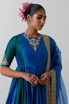 Vinusto_Cobalt Chanderi , Embroidery, Lace Round Neck Panelled Anarkali Set _Online_at_Aza_Fashions