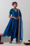 Buy_Vinusto_Cobalt Chanderi , Embroidery, Lace Round Neck Panelled Anarkali Set _Online_at_Aza_Fashions