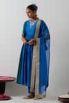 Shop_Vinusto_Cobalt Chanderi , Embroidery, Lace Round Neck Panelled Anarkali Set _Online_at_Aza_Fashions