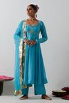 Buy_Vinusto_Sky Blue Chanderi, Organza, Silk Embroidery, Zari, Zardozi Corset Anarkali Set _at_Aza_Fashions