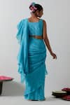 Shop Vinusto Blue Chanderi Ruffles, Embroidery, Zari Square Pre-draped Saree And Blouse Set at Aza Fashions Shop_Vinusto_Blue Chanderi Ruffles, Embroidery, Zari Square Pre-draped Saree And Blouse Set _at_Aza_Fashions