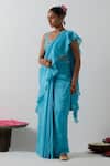 Vinusto Blue Chanderi Ruffles, Embroidery, Zari Square Pre-draped Saree And Blouse Set at Aza Fashions Vinusto_Blue Chanderi Ruffles, Embroidery, Zari Square Pre-draped Saree And Blouse Set _at_Aza_Fashions