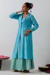 Vinusto Blue Chanderi Silk Embroidery Sweetheart Neck, Collared Jacket Palazzo Set at Aza Fashions Vinusto_Blue Chanderi Silk Embroidery Sweetheart Neck, Collared Jacket Palazzo Set _at_Aza_Fashions