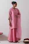 Shop_Vinusto_Pink Chanderi, Silk Embroidery, Zari Split V-neck Floral Kurta Palazzo Set _Online_at_Aza_Fashions