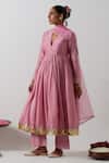 Vinusto_Pink Chanderi, Silk Embroidery, Lace, Zari, Gota Patti V-neck Anarkali Set _Online_at_Aza_Fashions