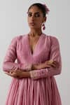 Vinusto_Pink Chanderi, Silk Embroidery, Lace, Zari, Gota Patti V-neck Anarkali Set _at_Aza_Fashions