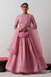 Buy_Vinusto_Pink Chanderi, Silk Embroidery, Lace Round Neck Blouse Lehenga Set _at_Aza_Fashions