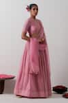 Vinusto_Pink Chanderi, Silk Embroidery, Lace Round Neck Blouse Lehenga Set _Online_at_Aza_Fashions