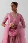 Shop_Vinusto_Pink Chanderi, Silk Embroidery, Lace Round Neck Blouse Lehenga Set _Online_at_Aza_Fashions