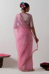 Shop_Vinusto_Pink Organza, Silk Embroidery, Piping V-neck Katan Saree And Blouse Set _at_Aza_Fashions