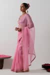 Vinusto_Pink Organza, Silk Embroidery, Piping V-neck Katan Saree And Blouse Set _Online_at_Aza_Fashions