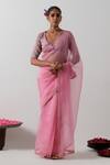 Buy_Vinusto_Pink Organza, Silk Embroidery, Piping V-neck Katan Saree And Blouse Set _at_Aza_Fashions