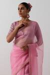 Buy_Vinusto_Pink Organza, Silk Embroidery, Piping V-neck Katan Saree And Blouse Set _Online_at_Aza_Fashions