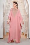 Daljit Sudan_Pink Crepe Embroidery Keyhole Neck Aari And Tilla Kaftan _at_Aza_Fashions