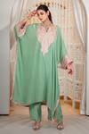 Buy_Daljit Sudan_Green Crepe Embroidery V-neck Aari Thread Kaftan And Pant Set _at_Aza_Fashions