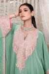 Buy_Daljit Sudan_Green Crepe Embroidery V-neck Aari Thread Kaftan And Pant Set _Online_at_Aza_Fashions