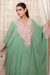 Shop_Daljit Sudan_Green Crepe Embroidery V-neck Aari Thread Kaftan And Pant Set 