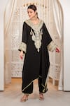 Buy_Daljit Sudan_Black Crepe Embroidery, Zari V-neck And Tilla Kaftan & Pant Set _at_Aza_Fashions