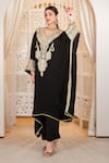 Daljit Sudan_Black Crepe Embroidery, Zari V-neck And Tilla Kaftan & Pant Set _at_Aza_Fashions