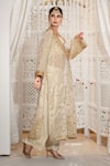 Daljit Sudan_Off White Satin, Tissue Embroidery, Stones V-neck, Tilla And Cutdana Kurta Set _at_Aza_Fashions