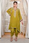 Daljit Sudan_Green Crepe Embroidery V-neck Tilla Phiran And Dhoti Set _at_Aza_Fashions