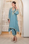 Daljit Sudan_Blue Crepe Embroidery V-neck Tilla Phiran And Tulip Pant Set _Online_at_Aza_Fashions