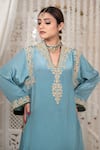 Buy_Daljit Sudan_Blue Crepe Embroidery V-neck Tilla Phiran And Tulip Pant Set _Online_at_Aza_Fashions