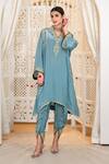 Daljit Sudan_Blue Crepe Embroidery V-neck Tilla Phiran And Tulip Pant Set _at_Aza_Fashions