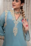 Buy_Daljit Sudan_Blue Crepe Embroidery V-neck Tilla Phiran And Tulip Pant Set 